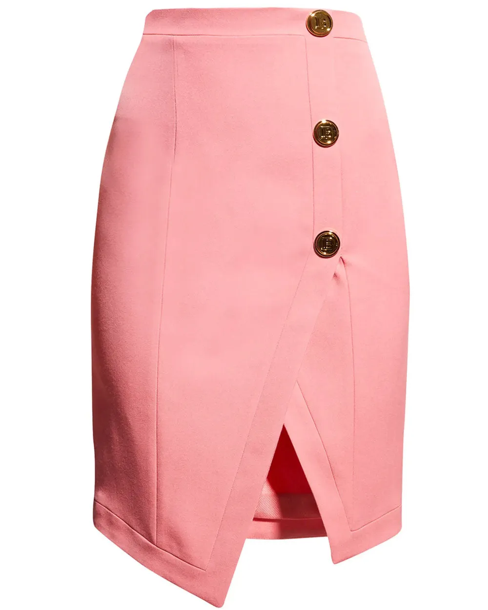 Rose Saumon Asymmetric Three Button Midi Skirt