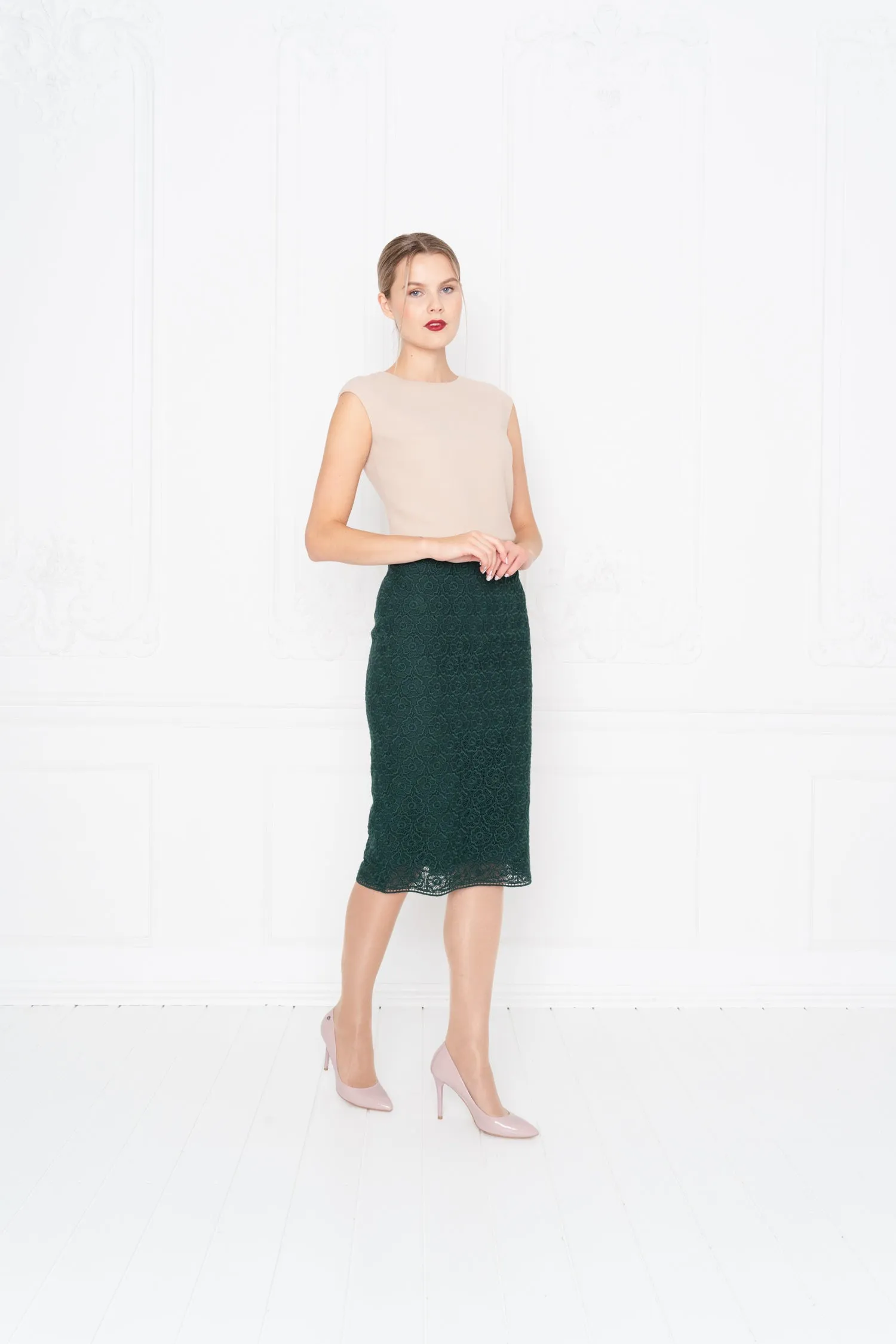 RUBIA DEEP GREEN LACE PENCIL SKIRT