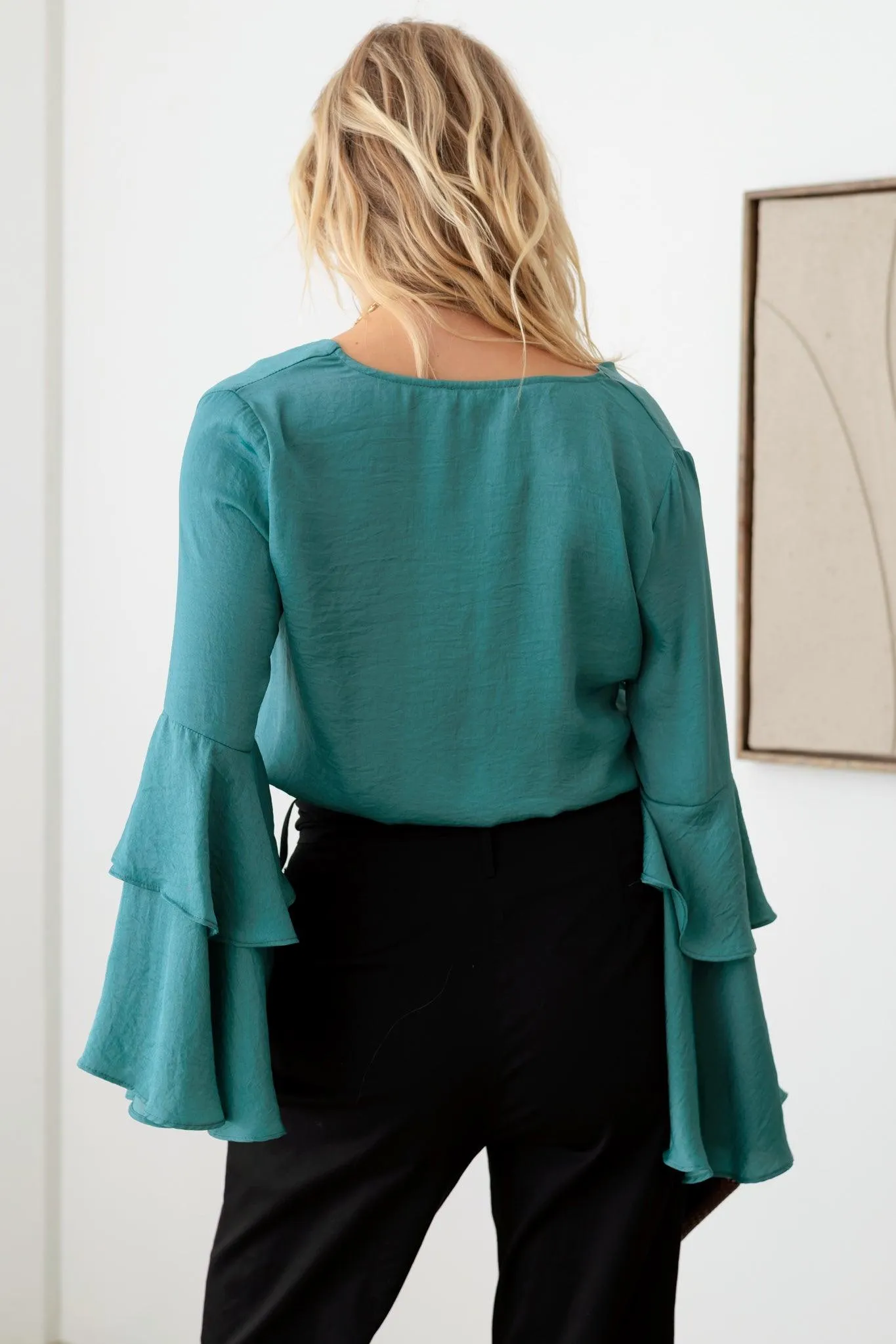 Satin V-Neck Shirt Ruffle Bell Sleeve Bodysuit