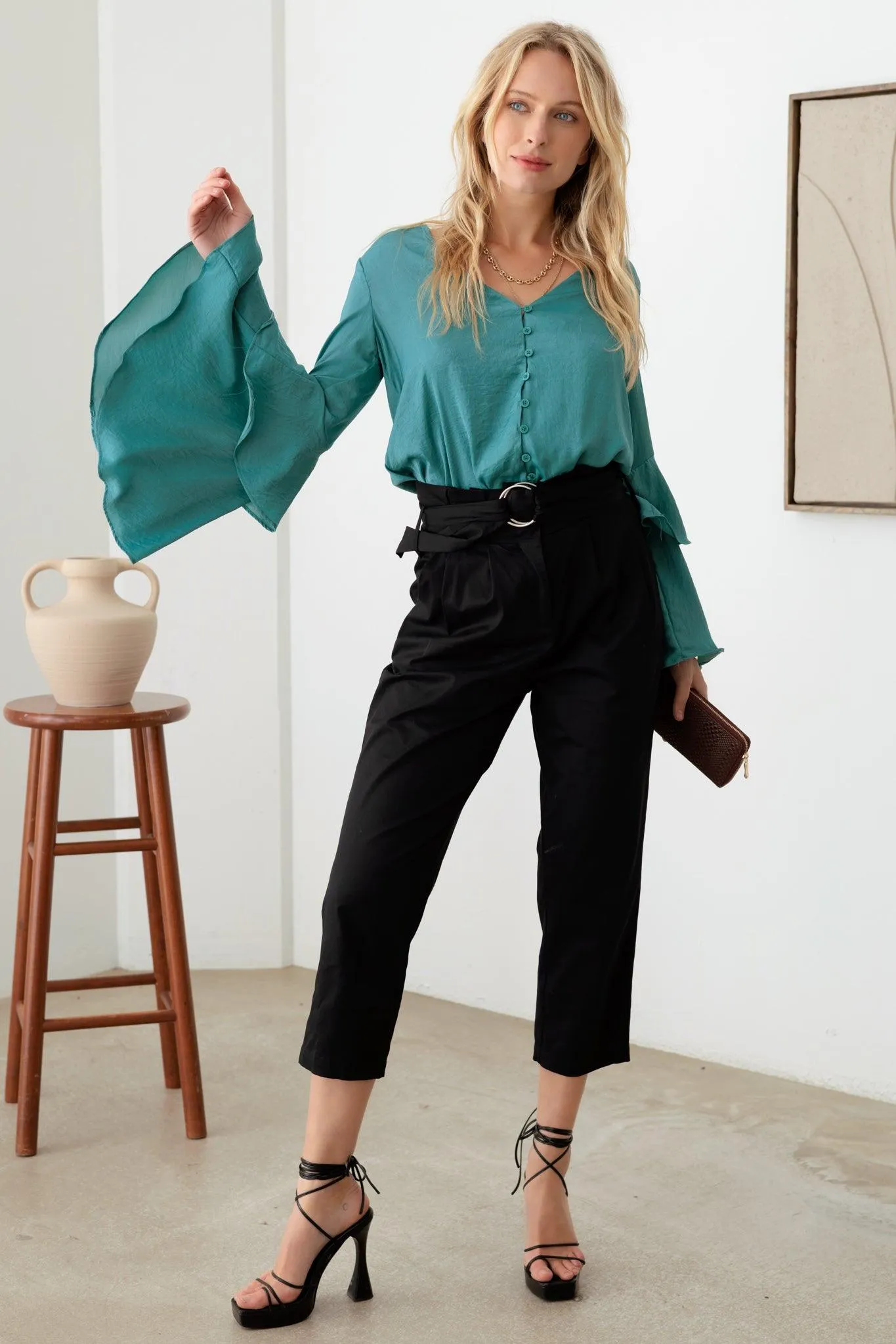 Satin V-Neck Shirt Ruffle Bell Sleeve Bodysuit