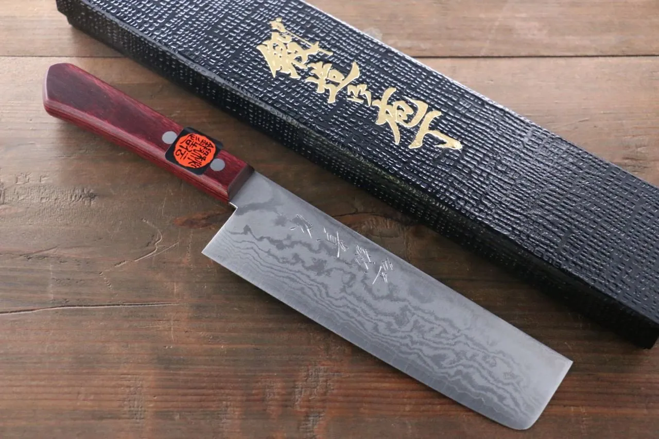 Shigeki Tanaka VG10 17 Layer Damascus Nakiri  160mm Red Pakka wood Handle