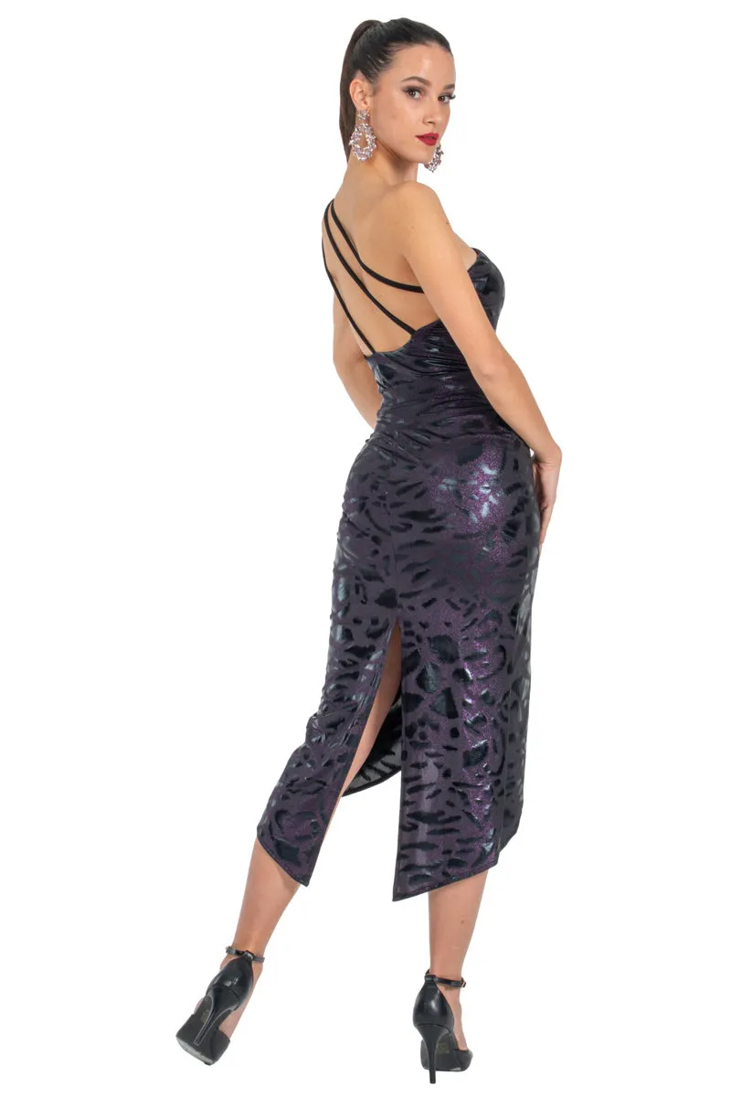 Sparkling Purple Animal Print Tango Skirt With Curved Front Slit (S)