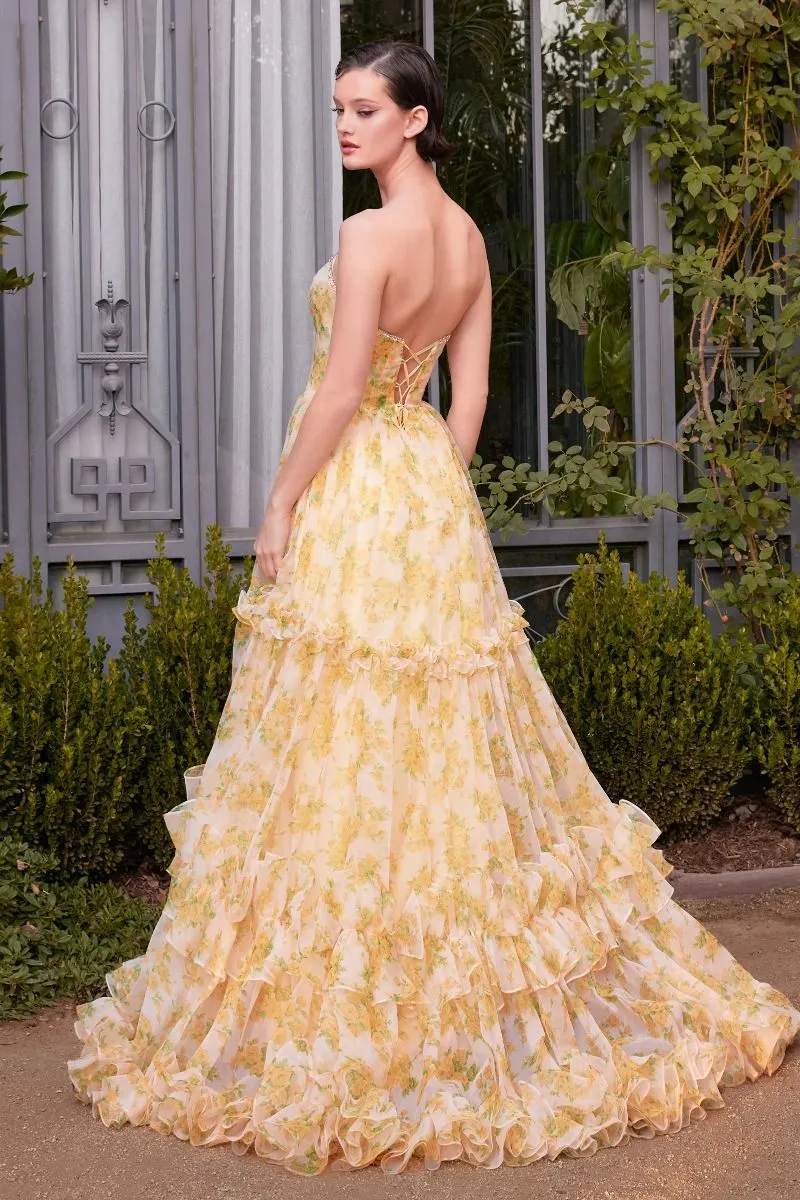 STRAPLESS FLORAL PRINTED BALL GOWN CDA1430