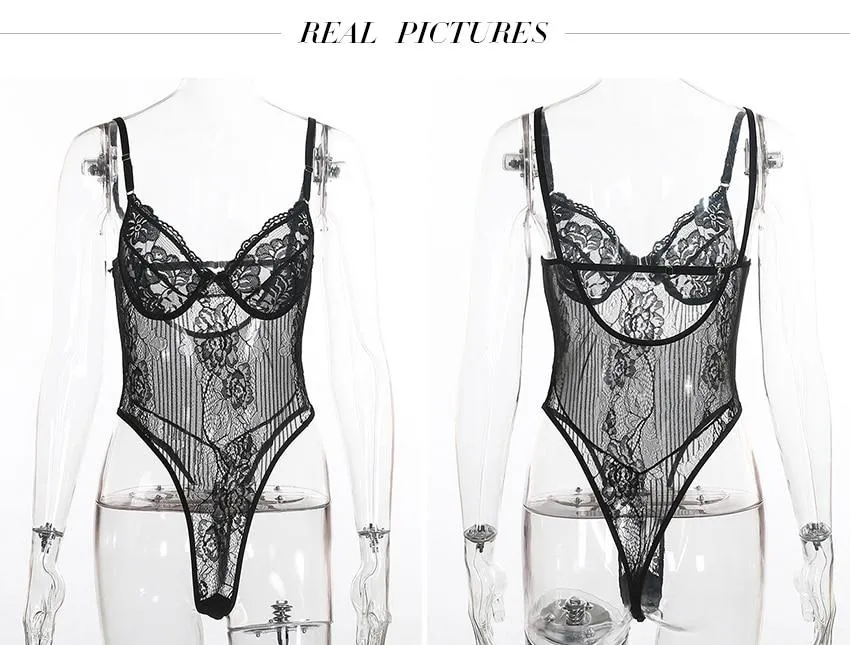 Stylish Sexy Ladies' Sheer Lace Bodysuit With Embroidery Pattern