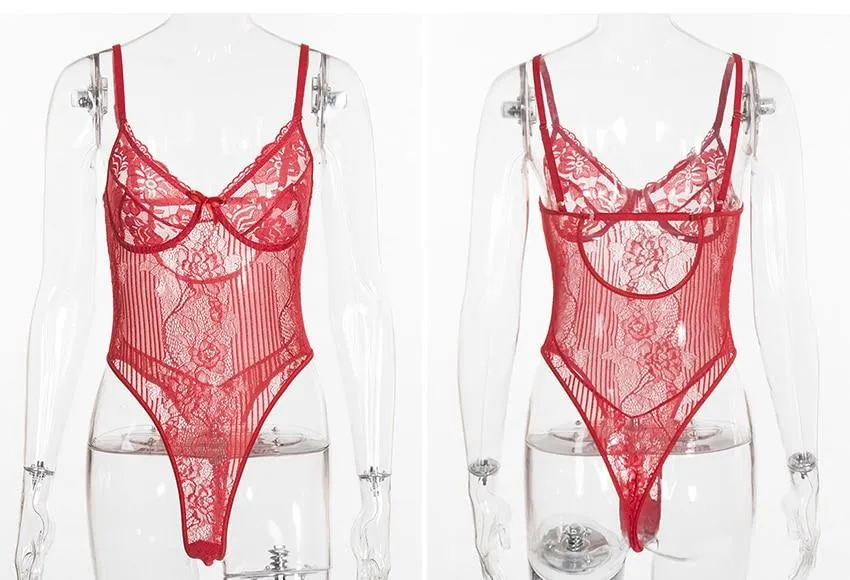 Stylish Sexy Ladies' Sheer Lace Bodysuit With Embroidery Pattern