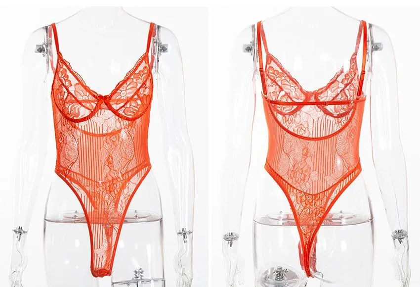 Stylish Sexy Ladies' Sheer Lace Bodysuit With Embroidery Pattern