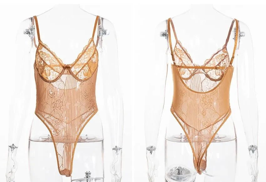 Stylish Sexy Ladies' Sheer Lace Bodysuit With Embroidery Pattern