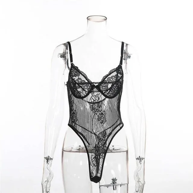 Stylish Sexy Ladies' Sheer Lace Bodysuit With Embroidery Pattern