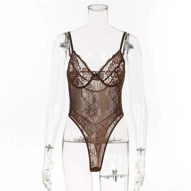 Stylish Sexy Ladies' Sheer Lace Bodysuit With Embroidery Pattern