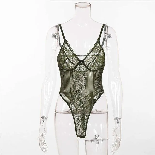 Stylish Sexy Ladies' Sheer Lace Bodysuit With Embroidery Pattern