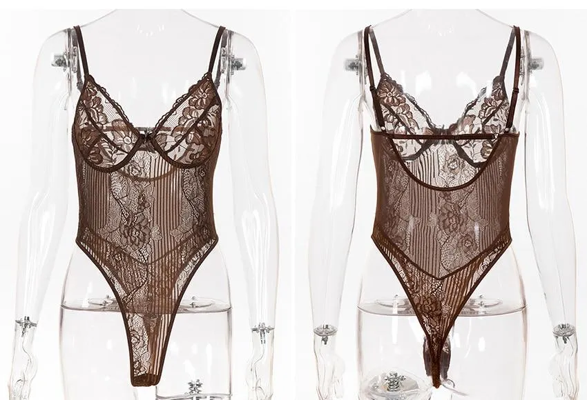 Stylish Sexy Ladies' Sheer Lace Bodysuit With Embroidery Pattern