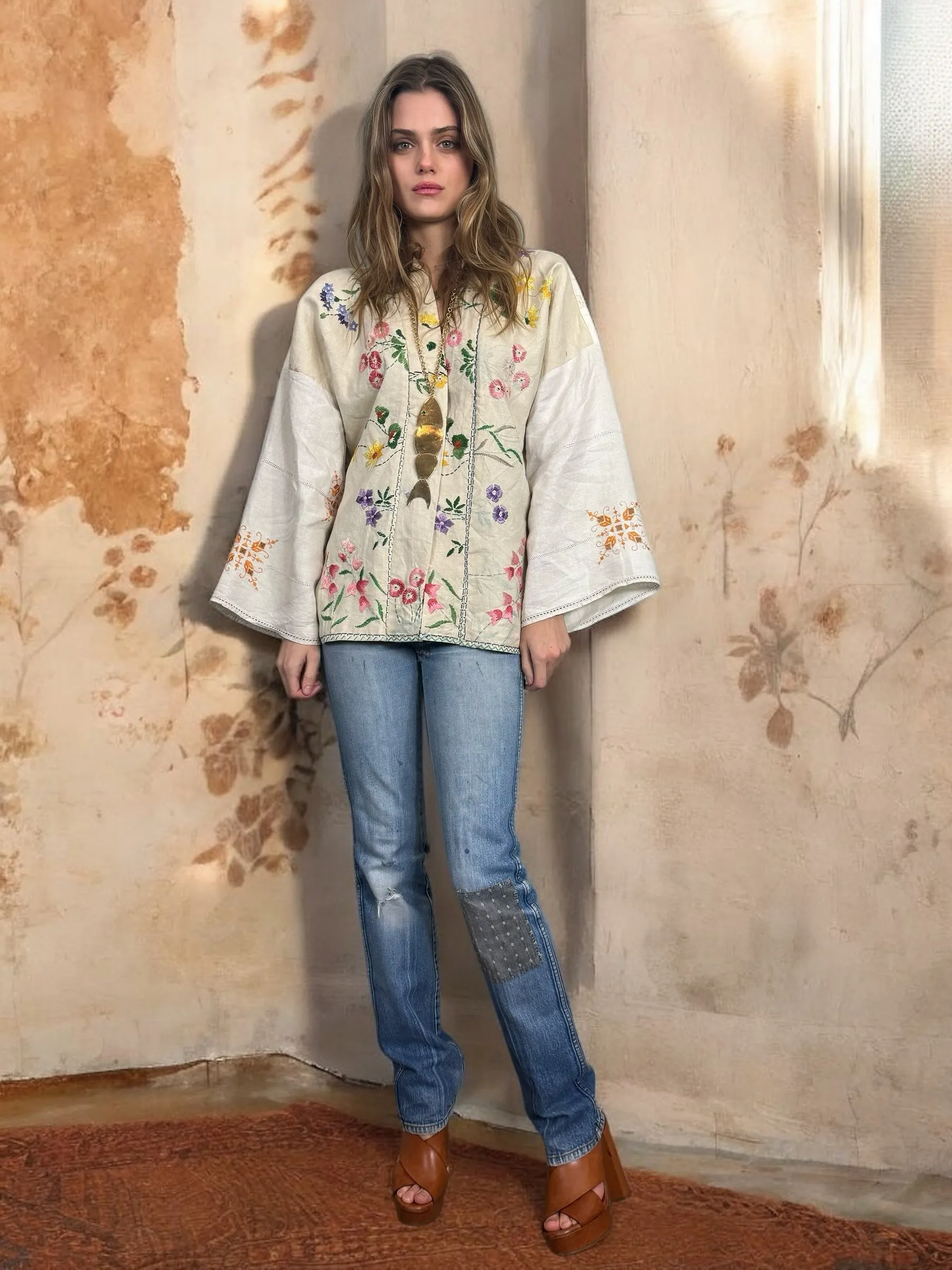 Sunny, vintage reworked embroidered kimono jacket