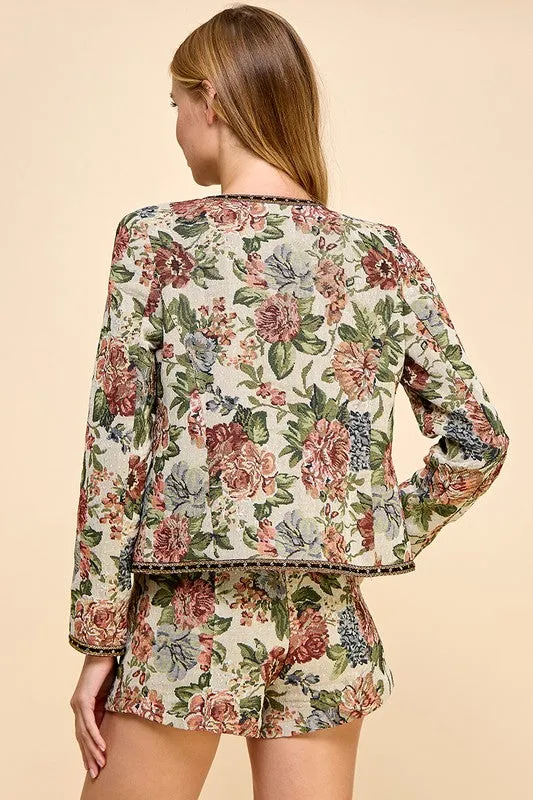 Taupe Vintage Floral Bomber Jacket Shorts Set