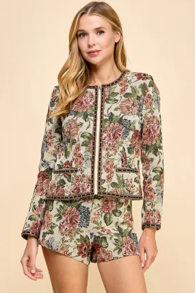 Taupe Vintage Floral Bomber Jacket Shorts Set