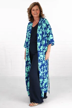 Tropical Floral Print Long Kimono Robe with Waist Tie in Blue