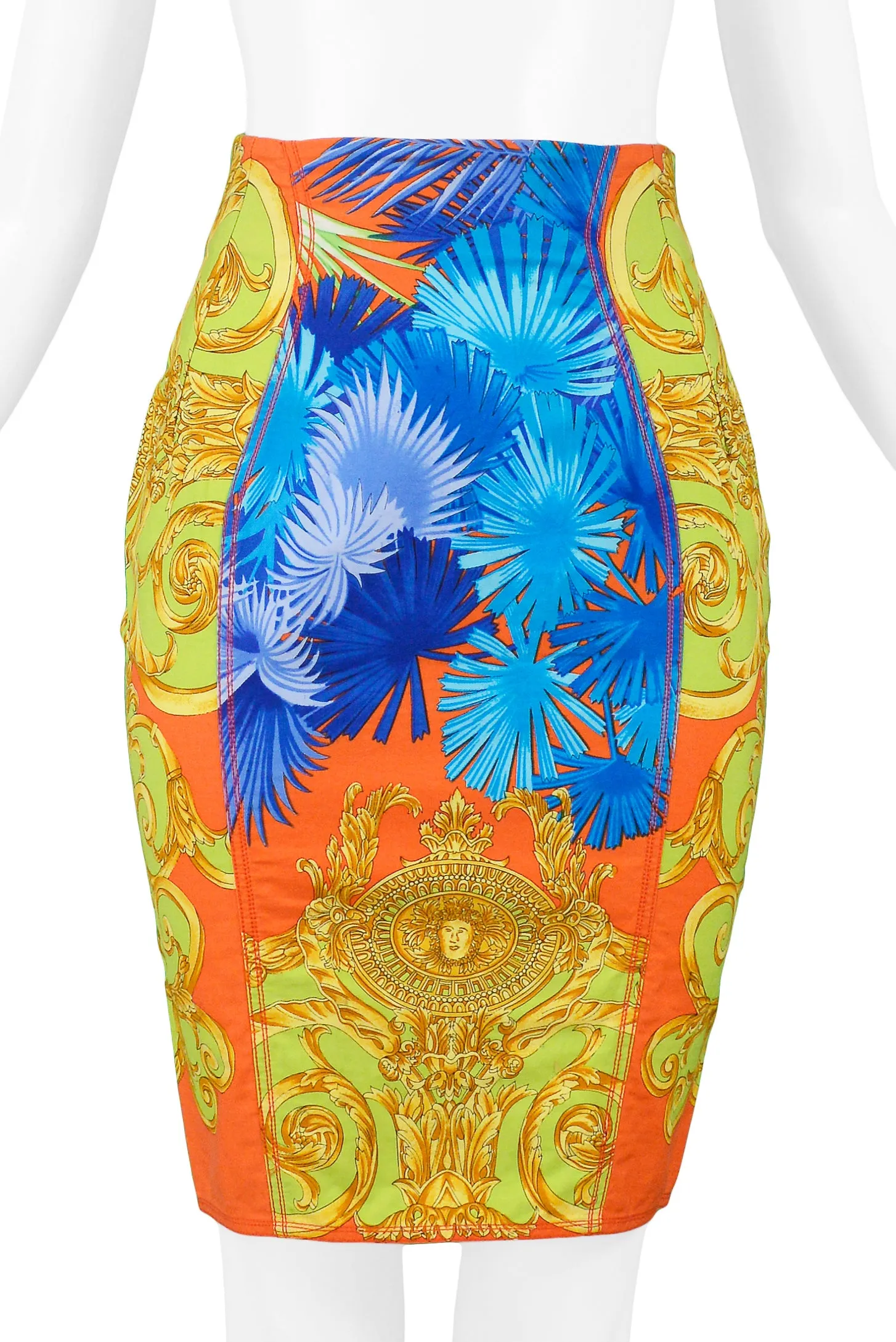 VERSACE MULTICOLOR PALM PRINT COTTON PENCIL SKIRT 1990S