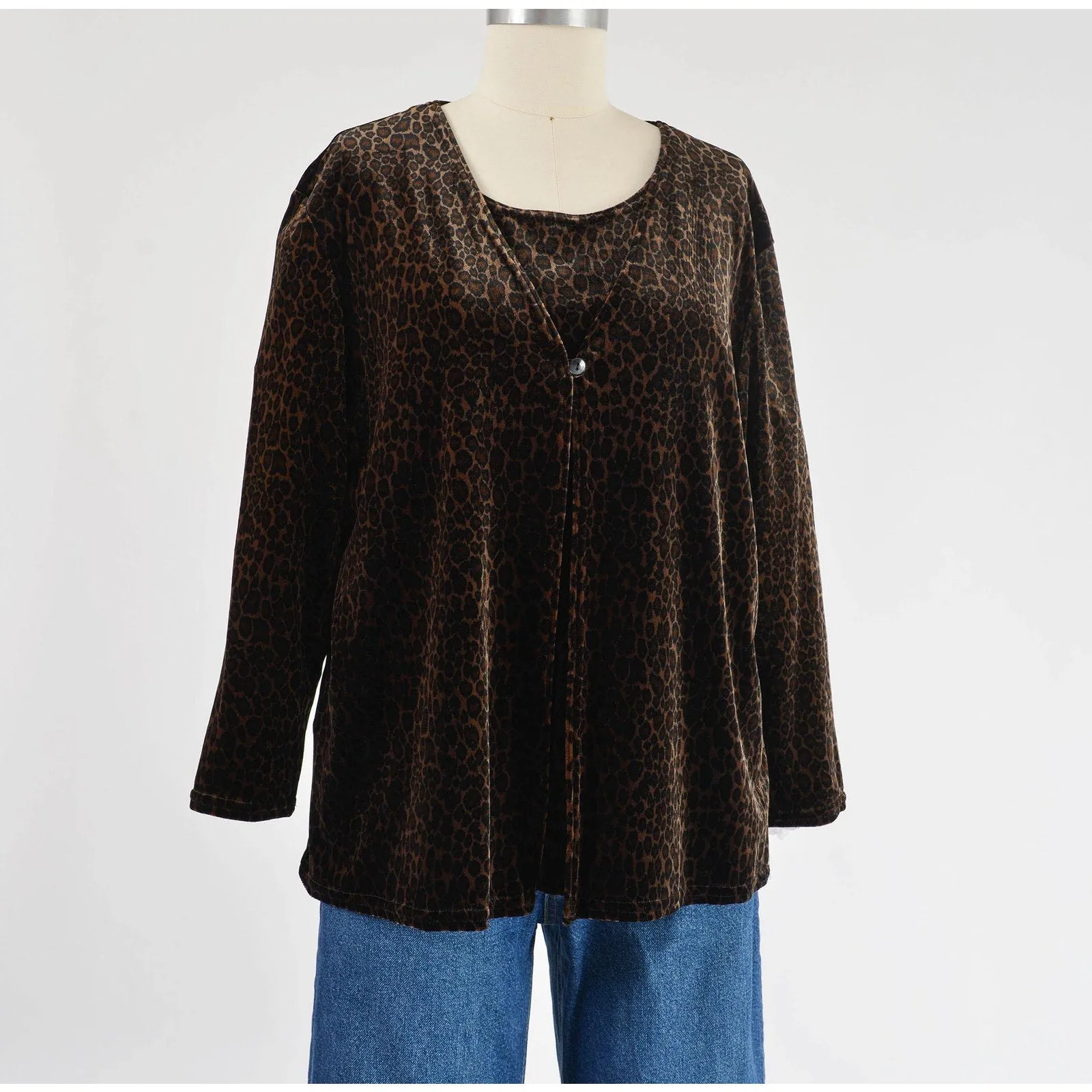 Vintage 90s Leopard Velvet Top Stretchy Layered Cardigan Look Animal Print size L