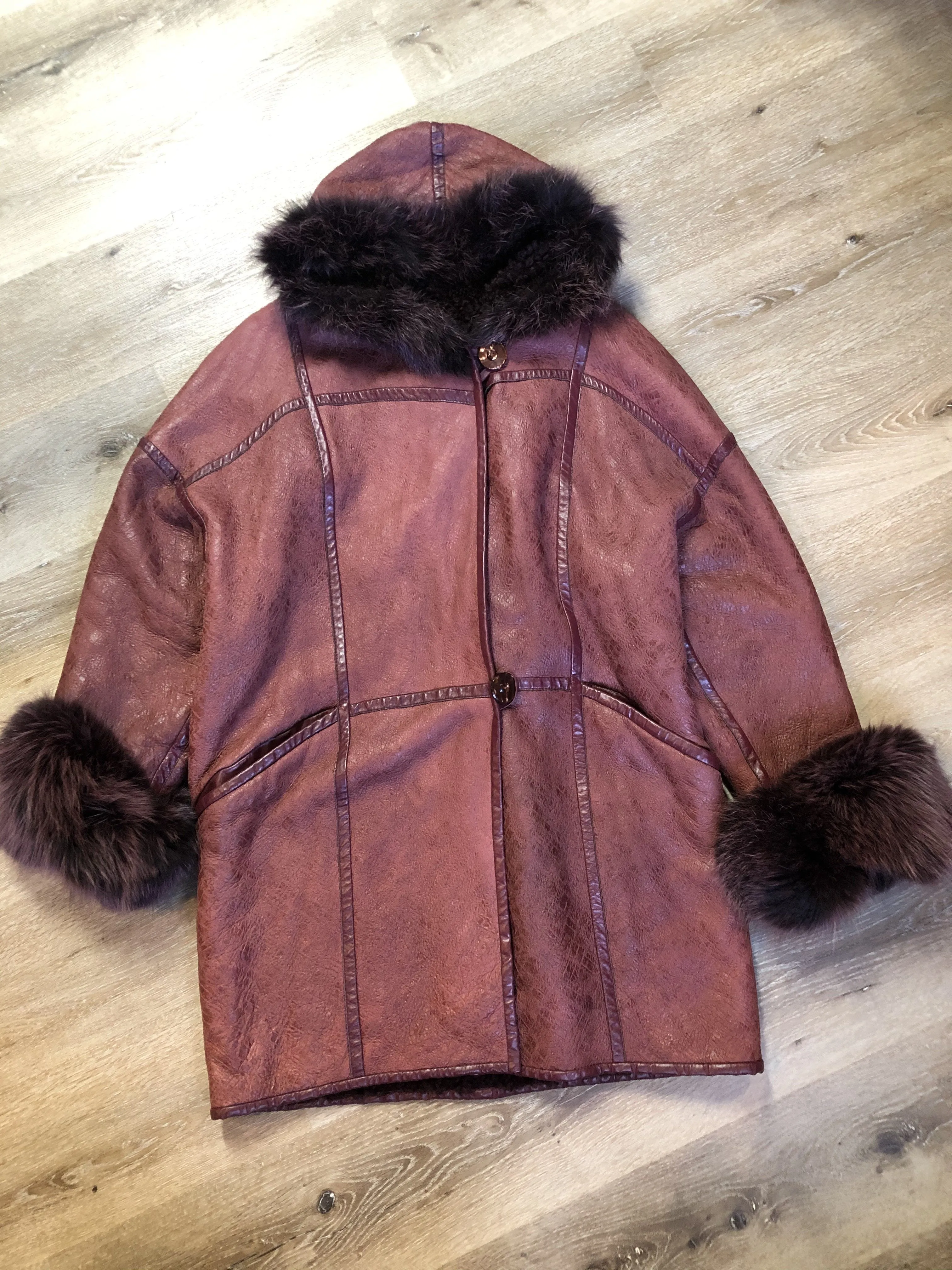 Vintage Wine Shearling Coat with Fox PENDING