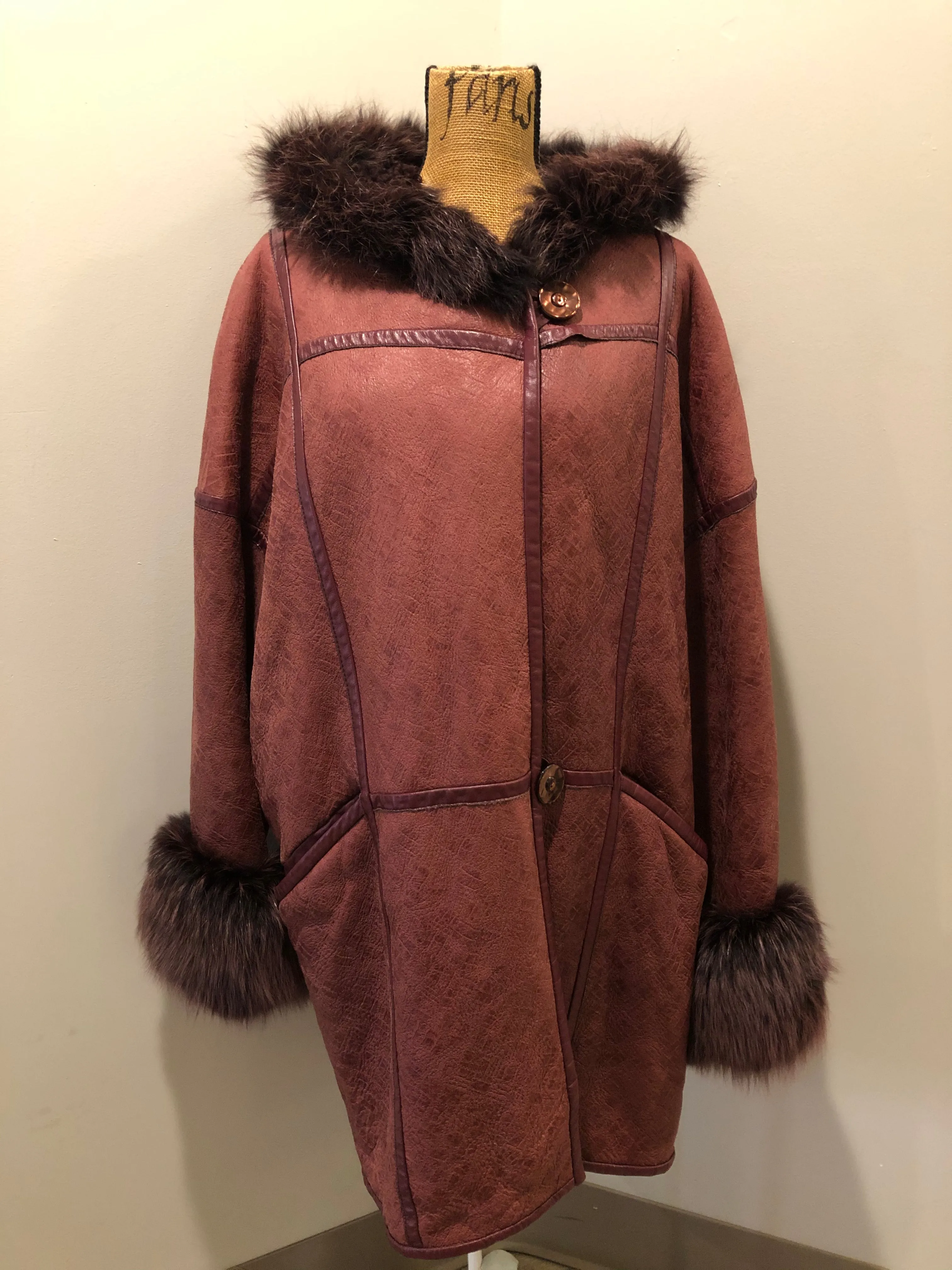 Vintage Wine Shearling Coat with Fox PENDING