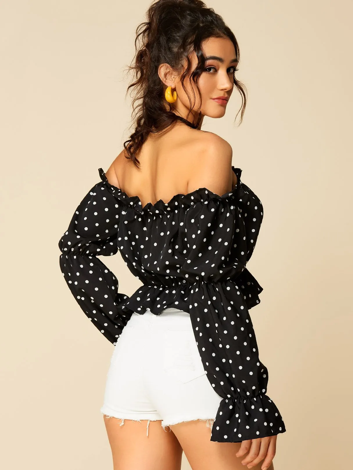 Wholesale Off The Shoulder Polka Dot Long Sleeve Crop Top