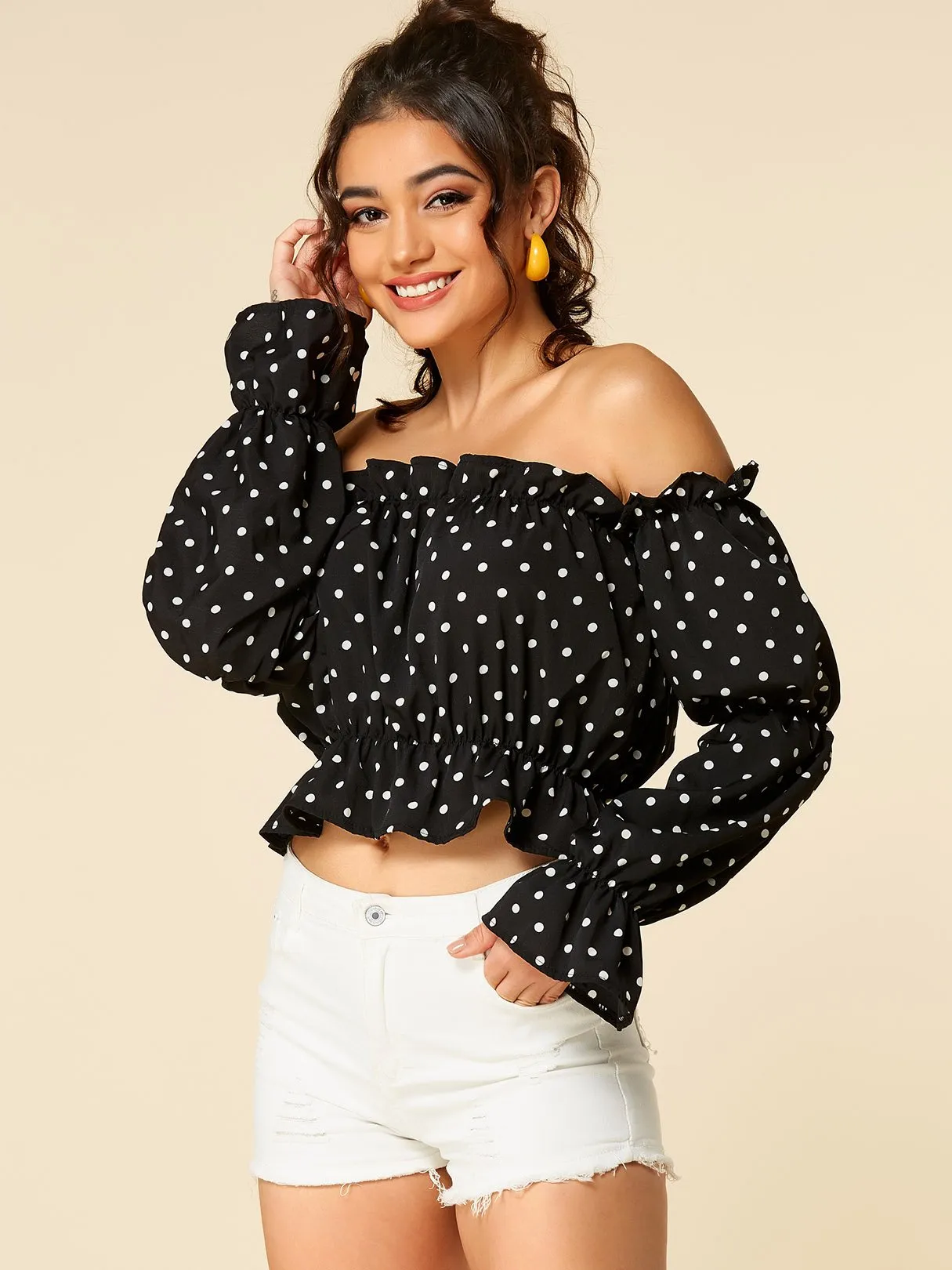 Wholesale Off The Shoulder Polka Dot Long Sleeve Crop Top