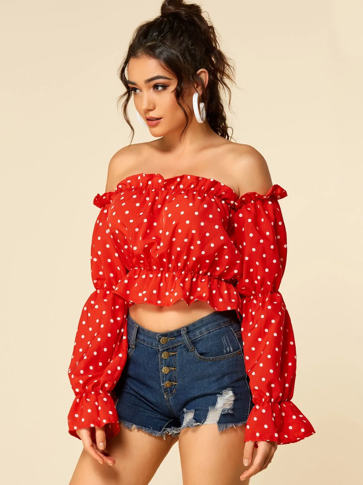 Wholesale Off The Shoulder Polka Dot Long Sleeve Crop Top