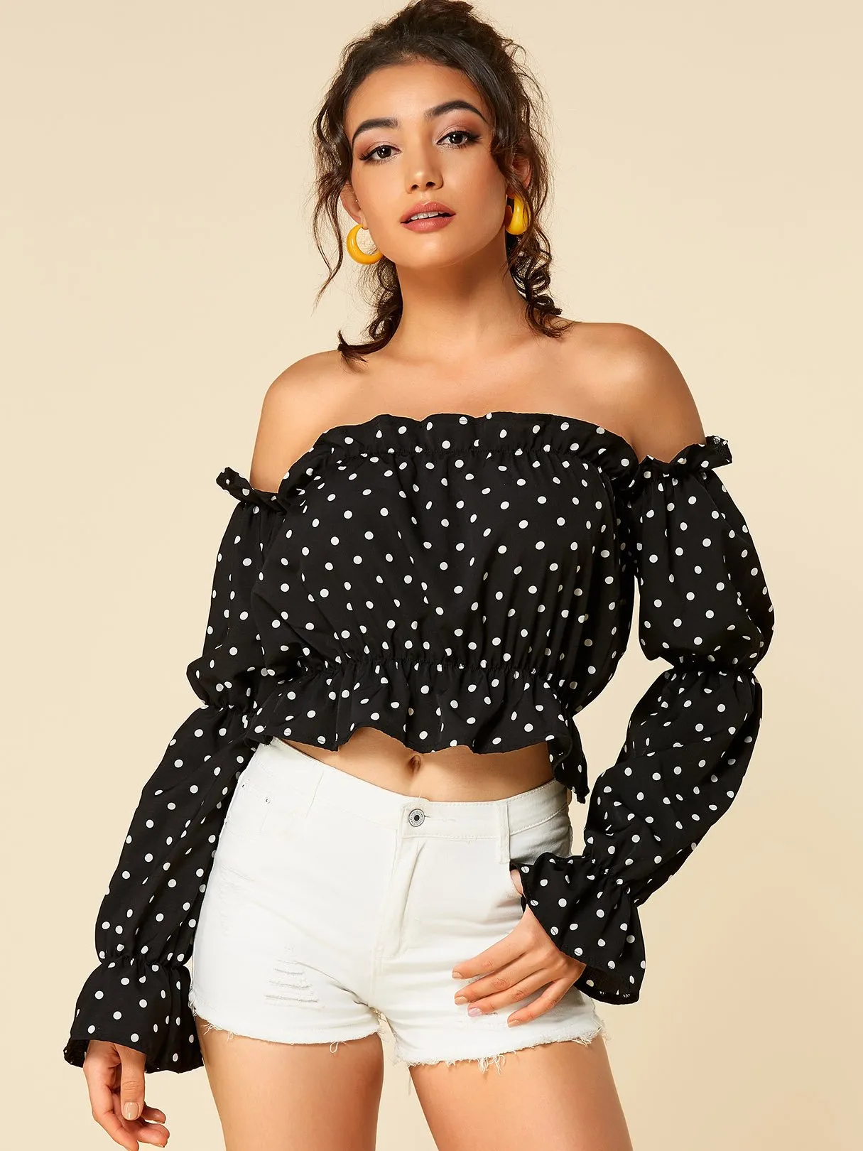 Wholesale Off The Shoulder Polka Dot Long Sleeve Crop Top