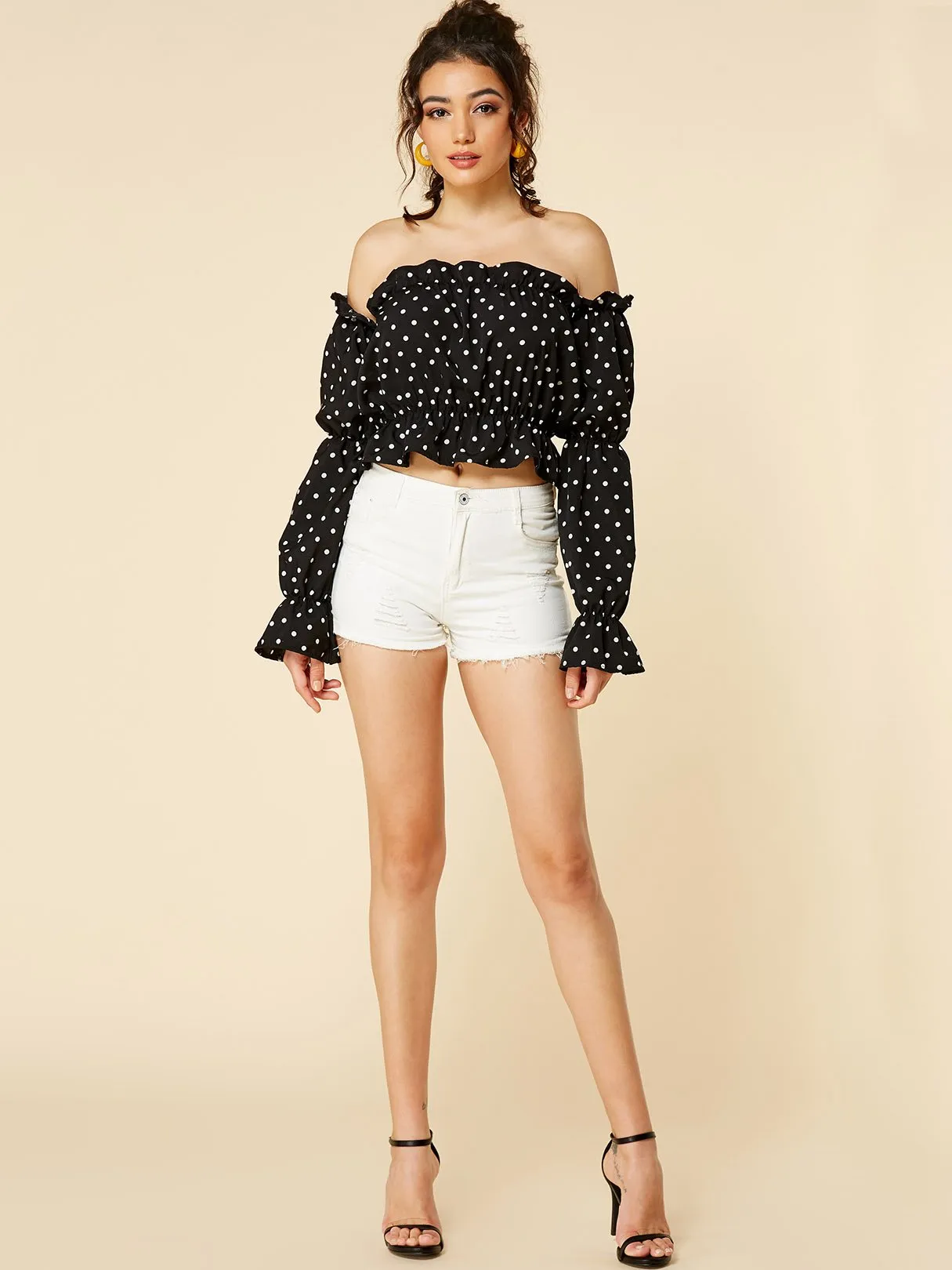 Wholesale Off The Shoulder Polka Dot Long Sleeve Crop Top