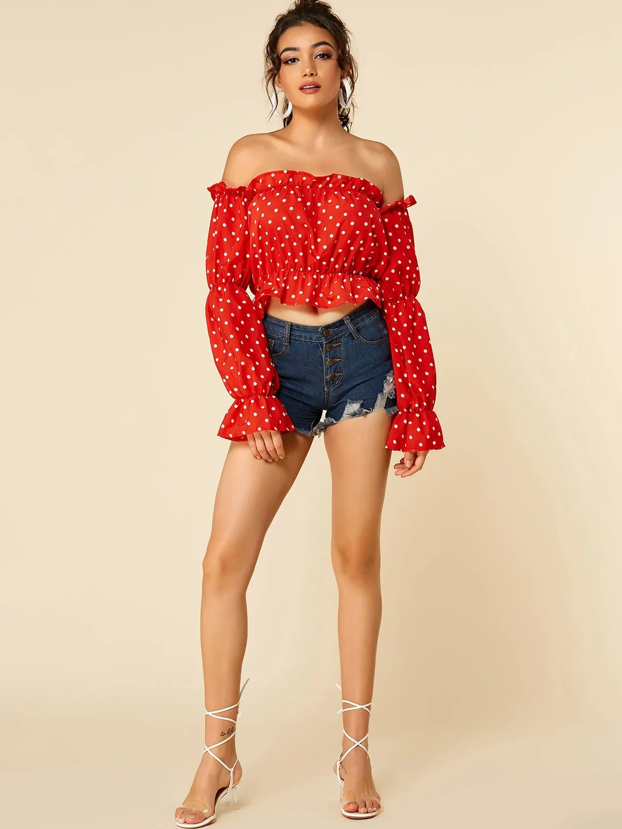 Wholesale Off The Shoulder Polka Dot Long Sleeve Crop Top