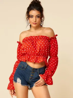 Wholesale Off The Shoulder Polka Dot Long Sleeve Crop Top