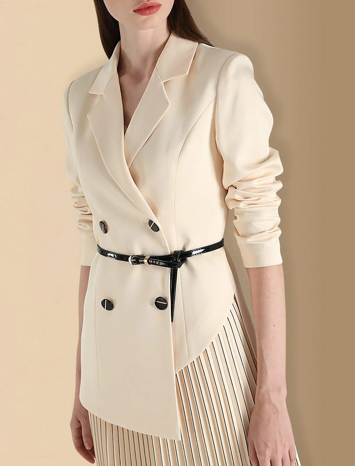 Women Beige irregular Double breasted Blazer Suit and Pleated Skirt Set