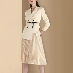 Women Beige irregular Double breasted Blazer Suit and Pleated Skirt Set