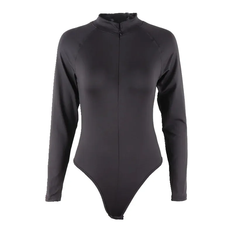 Women Black O-neck Long Sleeve Solid Sexy Zipper Bodysuit