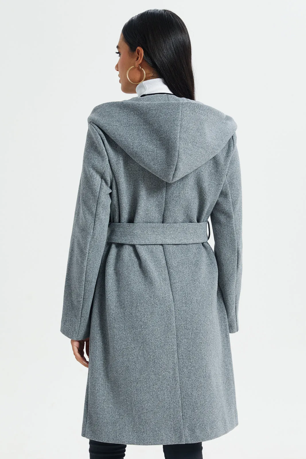 Women Grey Hooded Long Length Belted Jacket