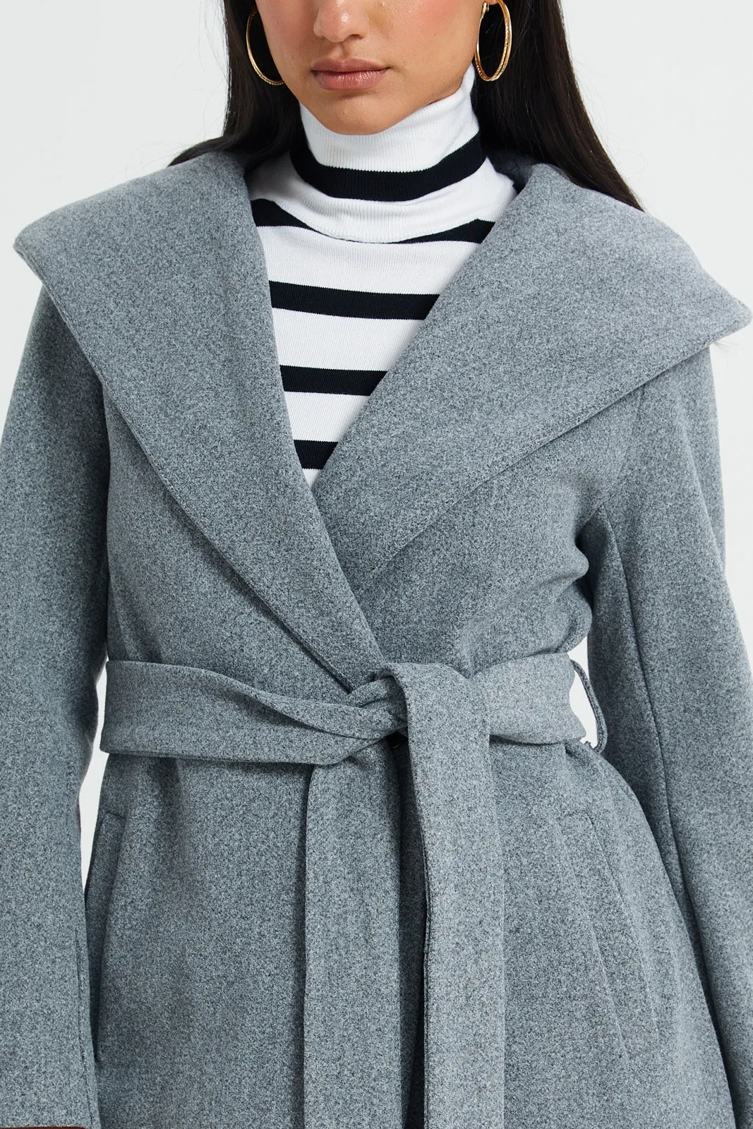 Women Grey Hooded Long Length Belted Jacket