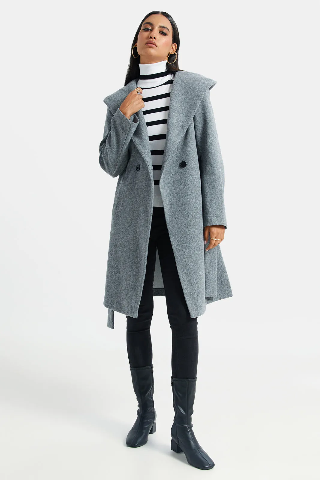 Women Grey Hooded Long Length Belted Jacket