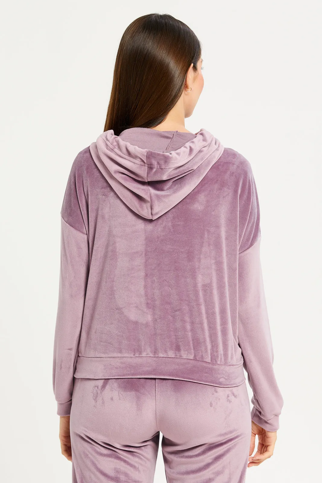 Women Mauve Velvet Hooded Sweat Shirt