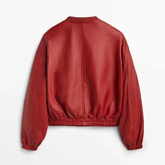 Women Red Shearling Leather Bomber Jacket