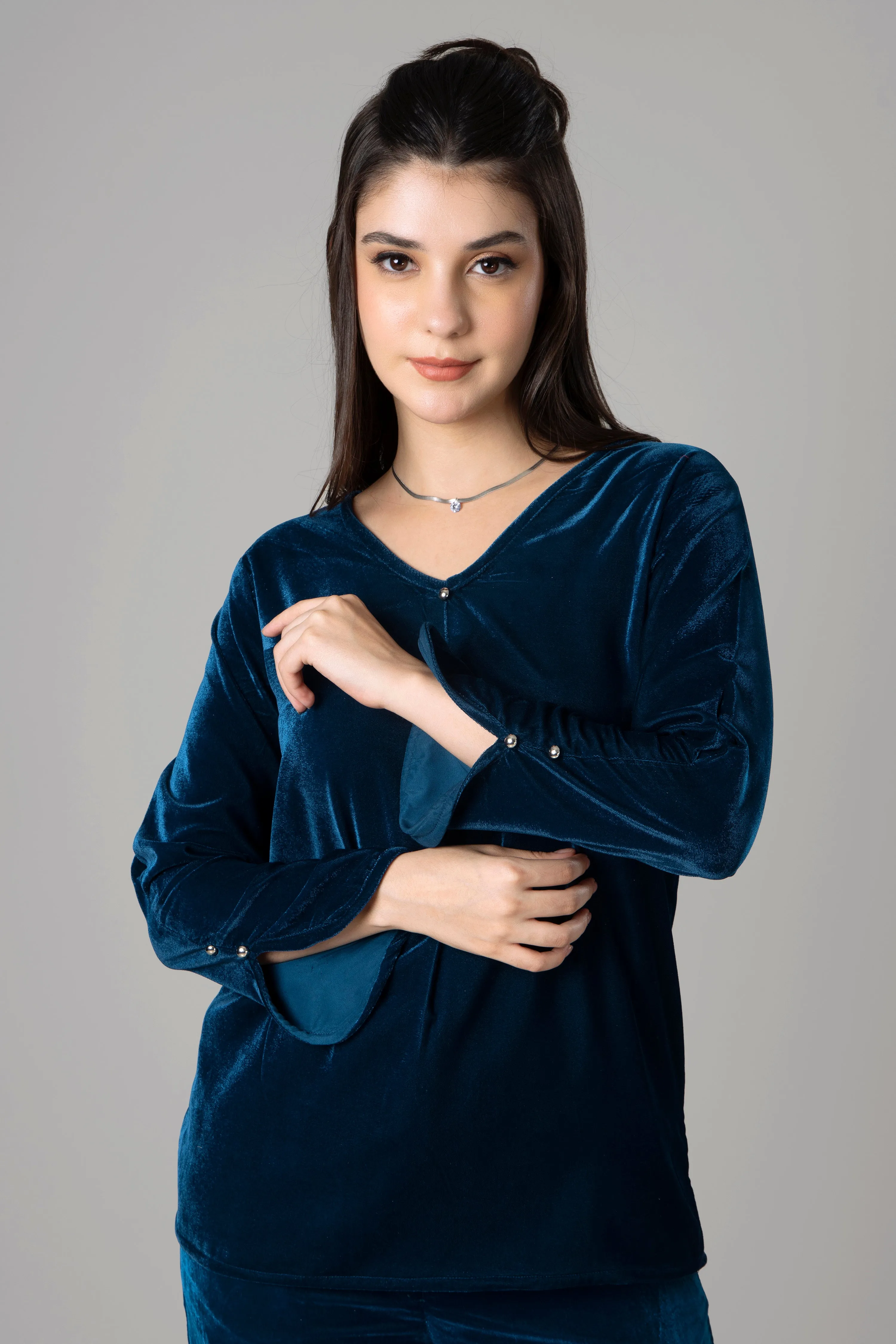 Women Trendy Bell Sleeve Velvet Top