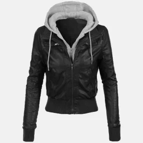 Women’s Black Leather Removable Gray Hooded Bomber Jacket