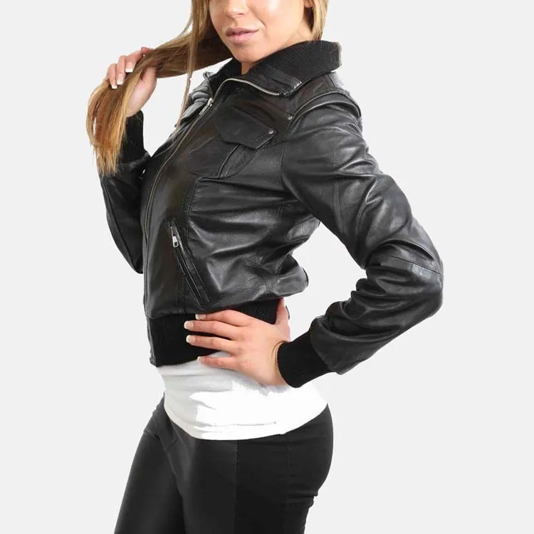 Women’s Black Leather Short Bomber Jacket