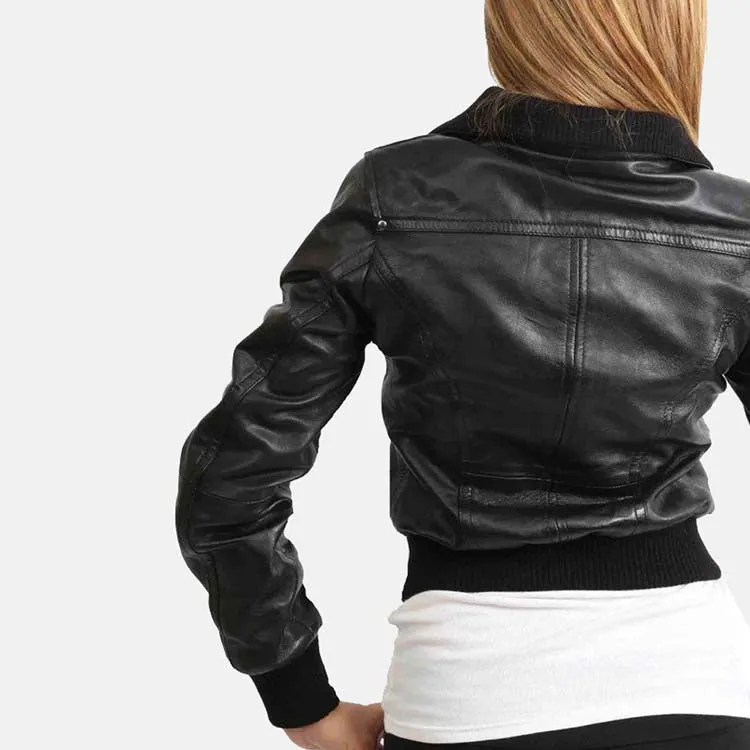 Women’s Black Leather Short Bomber Jacket