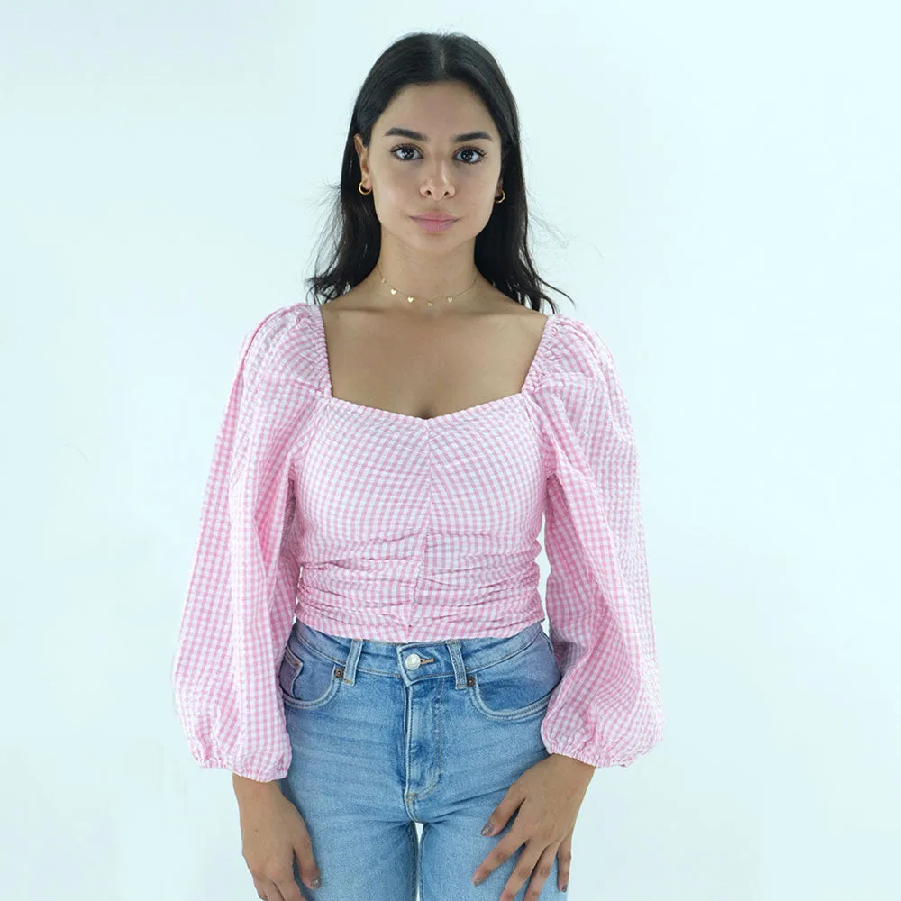 Women's Checkered Casual Top,Pink