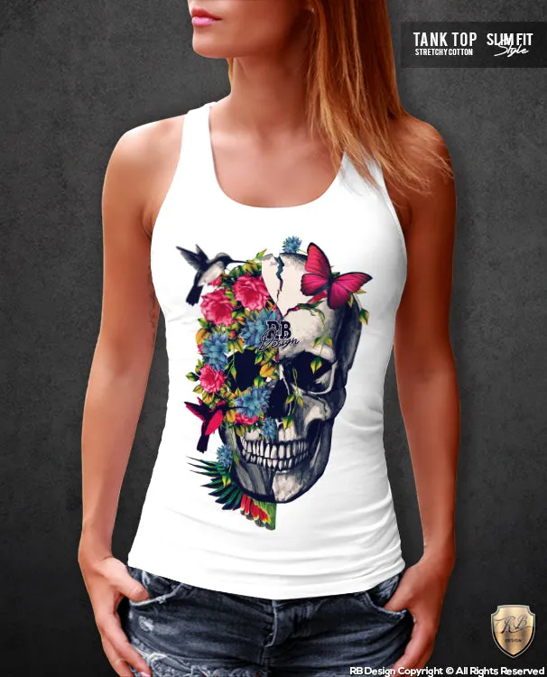 Women's Floral Flowers Skull T-shirt Half-life Graphic Tank Top WD220