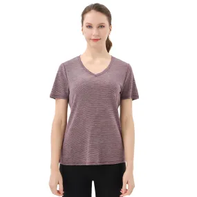 Women's Merino 200g V-Neck Short Sleeve T-Shirt Fig Grey Stripes