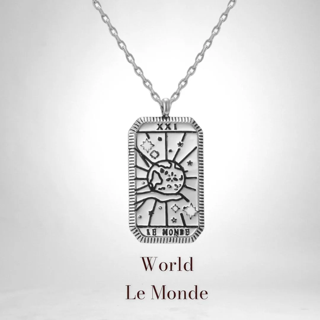 World Tarot Card Silver Necklace