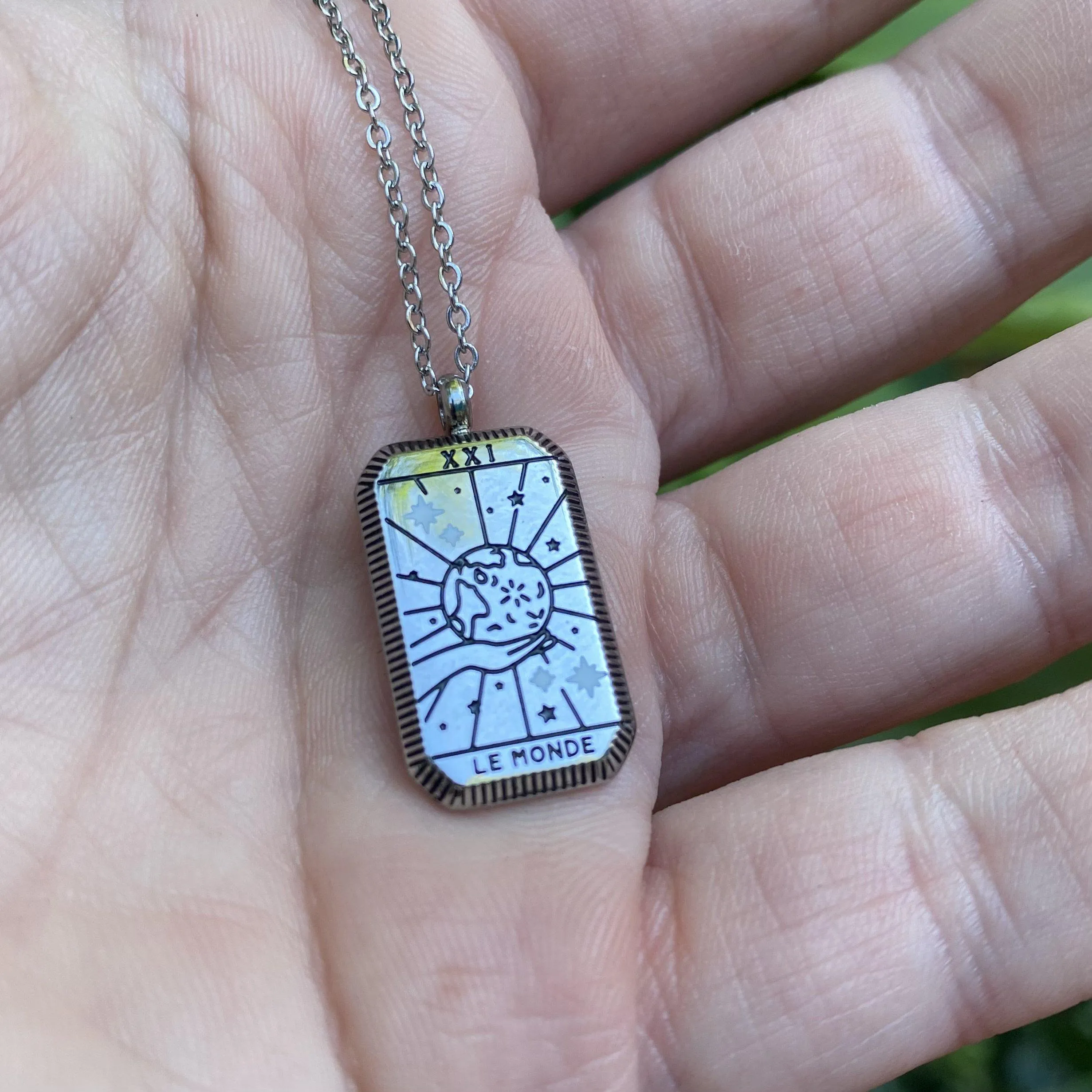 World Tarot Card Silver Necklace