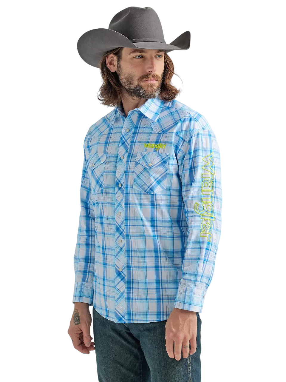 Wrangler Men's  Logo Long Sleeve Western Snap Plaid Shirt