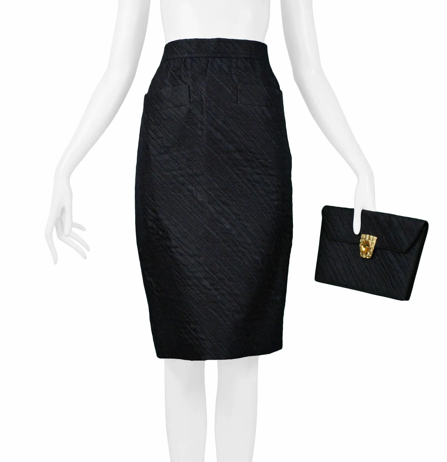 YVES SAINT LAURENT YSL BLACK PENCIL SKIRT & GEM CLUTCH SET